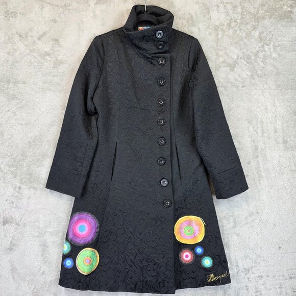 Desigual Coat Womens 42 Black Jacquard Stand Collar Button Front A-Line Boho - Picture 1 of 15